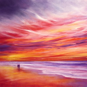 Tarjeta de felicitación con arte de puesta de sol y paisaje marino: Un momento para soñar