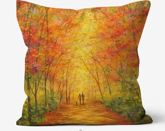Woodland Trees Walkers Art Cushion ~ Autumn Sunlight, Sofa Cushions, Room Decor