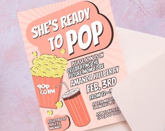 Editable She's Ready to Pop, baby Shower Invitation, Popcorn & Soda invite, printable Template (Digital Download)