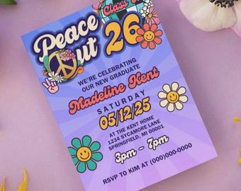 Peace Out Class of 2026 - Graduation Party Invitation Template - Groovy Hippie Party Theme