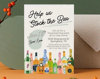 Editable stock the bar housewarming invitation, new home, painterly graphics, alcohal shelf, printable template, (Digital Download)