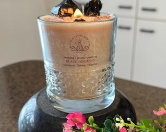 Handmade Crystal Candles, Positive Energy Candles, Luxurious Candle Scent, Candle Gift-For Mom, Chakra Healing Candle, Black Obsidian Candle