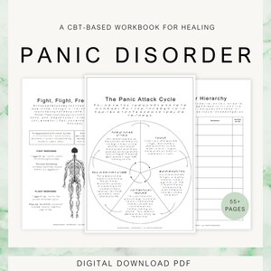 Puede incluir: Un cuaderno de trabajo basado en la terapia cognitivo-conductual para la curación del trastorno de pánico. La portada muestra el título en letras negras grandes. En el interior, varias páginas con diagramas y texto, incluyendo "El ciclo del ataque de pánico".