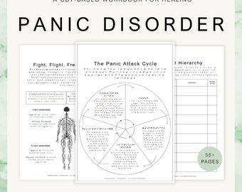 May include: A CBT-based workbook for healing panic disorder. The cover displays the title in large black letters. Inside, there are several pages with diagrams and text, including "The Panic Attack Cycle" and "Fight, Flight, Freeze". The workbook is a digital download PDF.
