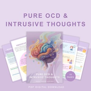 May include: A 15-page digital PDF download titled PURE OCD & INTRUSIVE THOUGHTS. The cover features a colorful, stylized brain illustration surrounded by swirling smoke and stars on a light purple background, with additional informational pages.