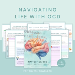 Puede incluir: Un libro de trabajo digital titulado Navigating Life With OCD con una ilustración central de un cerebro con texturas de acuarela en naranja, rosa y azul. El documento incluye varias páginas con texto, listas de verificación y encabezados como Build Your Hierarchy.