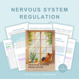 Peut inclure: Un téléchargement numérique PDF intitulé Nervous System Regulation, comprenant 18 pages de contenu éducatif. La couverture présente une illustration d'une personne assise dans un fauteuil orange près d'une grande fenêtre avec des plantes vertes.