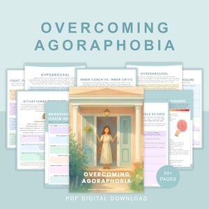 Op de afbeelding: Een digitaal werkboek getiteld Overcoming Agoraphobia met 50+ pagina's aan bronnen voor geestelijke gezondheid. De omslag toont een illustratie van een persoon in een deuropening, omringd door informatiebladen over onderwerpen zoals hyperarousal.