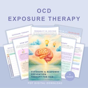 May include: A set of eight pages titled OCD Exposure Therapy, featuring a central illustration of a brain above a calm sea with lightbulbs and clouds. The documents include text on ERP, probability, and fear, with a PDF digital download label.