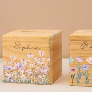 Hucha Niña, Hucha Personalizada, Hucha Madera, Hucha Niña, Regalo Bautizo Niña, Hucha Flores, Hucha de Ahorros, Baby Shower Niñas