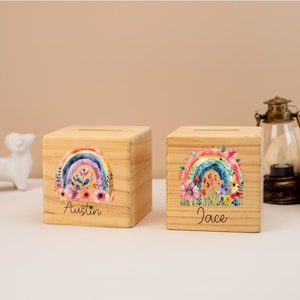 Personalized Piggy Bank with Name, Kids Coin Bank, Wooden Rainbow Piggy Bank Gift, Kids Easter Gift, Nursery Decor,Money Bank for Girls Boys