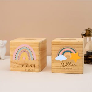 Rainbow Piggy Bank, Boho Rainbow Nursery, Baby Girl Gift, Personalized Piggy Bank, Toddler Room Gift, Pink Rainbow Coin Bank, T26