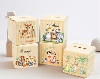 Personalized Cute Animal Piggy Bank,Jungle Piggy Bank,Wooden Money Box with Name, Safari Animals, Piggy Bank for Kids,Baby Shower Gift
