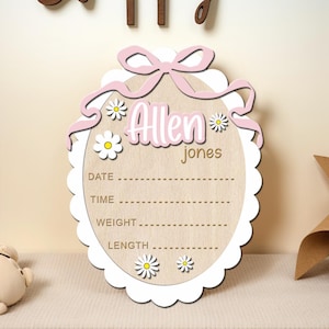Letrero ovalado con nombre para bebé, letrero con lazo rosa para niña, letrero de nacimiento para recién nacido, regalo personalizado para recién nacido, letrero para anunciar el nombre del bebé.