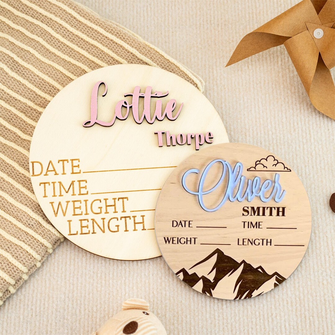 Baby Announcement Sign With Birth Stats | Matching Name Plate | Wood ...