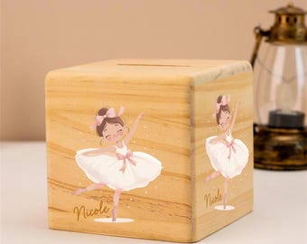Ballerina Piggy Bank, Personalized Piggy Bank with Name,Money Box Girl, Kids Coin Bank, Wooden Piggy Bank Gift,Money Banks for Girls
