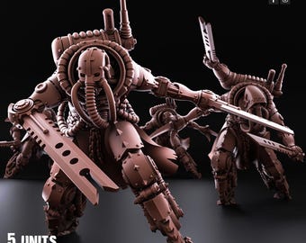 Peut inclure: Figurines miniatures marron détaillées de guerriers blindés avec de grandes épées. Les figurines présentent des motifs mécaniques complexes et sont posées dans une action dynamique. Le texte "5 UNITS PATREON & TRIBES" est en bas.