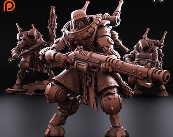 Peut inclure: Figurines miniatures marron de soldats blindés, chacun tenant une grande arme. Les figurines présentent des conceptions mécaniques détaillées, avec des tubes, des engrenages et des casques. Le logo Redmakers est visible en haut à droite.