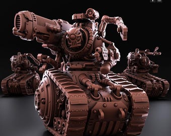 Peut inclure: Modèle marron détaillé d'un char futuriste avec un gros canon et des bras mécaniques. Le char présente un design en forme de crâne. L'image comprend le texte "Patreon & Tribes" en bas.
