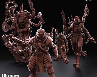 Peut inclure: Plusieurs figurines de guerriers futuristes bruns avec des détails mécaniques complexes, notamment des armes et des armures. L'image comprend le texte "10 UNITS PATREON & TRIBES" et le logo Redmakers.