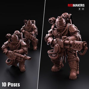 May include: Brown miniature figures of armored soldiers, each holding a large weapon. The figures are in various poses, with detailed armor and equipment. The text "10 POSES" is at the bottom, and the Redmakers logo is at the top.