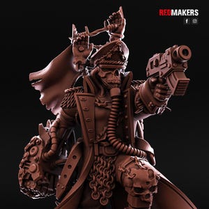 May include: A brown figurine of a skeletal figure in a military uniform, holding a gun and a weapon. The figure wears a hat and cape, with detailed features. The Redmakers logo is visible in the top right corner.