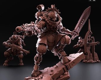 Peut inclure: Figurines miniatures marron de soldats futuristes, l'un tenant une grosse arme et l'autre une épée. Les figurines sont sur une base rocheuse. Le texte "PATREON & TRIBES" est en bas, avec "REDMAKERS" en haut.
