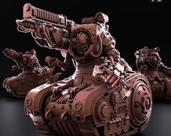 Peut inclure: Miniatures de chars de guerre bruns avec des conceptions mécaniques détaillées. L'image présente trois chars, chacun avec un grand canon et une armure complexe. Le texte "PATREON & TRIBES" est en bas, avec le logo Redmakers en haut à droite.