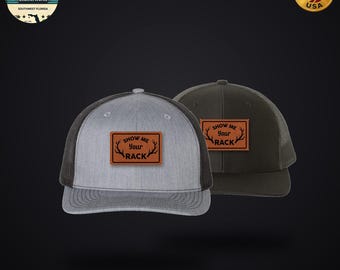 Gorra de camionero "Show Me Your Rack" para caza, gorra divertida con parche de cuero para caza de ciervos, gorra snapback de malla, regalo para cazador, gorra novedosa para hombre