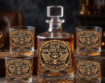 3D Rhinestone Effect Whiskey Decanter Set, Personalized Old Bikers Club Gift, UV Printed Decanter with 4 Whiskey Glasses