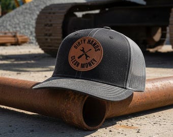Dirty Hands Clean Money Trucker Hat, Blue Collar Leather Patch Cap, Work Hard Skull Hat