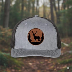 Deer Leather Patch Richardson 112 Trucker Hat, Hunting Hat for Men, Outdoorsman Mesh Cap, Wildlife Rustic Hat