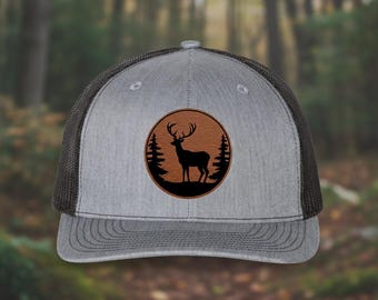 Deer Leather Patch Richardson 112 Trucker Hat, Hunting Hat for Men, Outdoorsman Mesh Cap, Wildlife Rustic Hat
