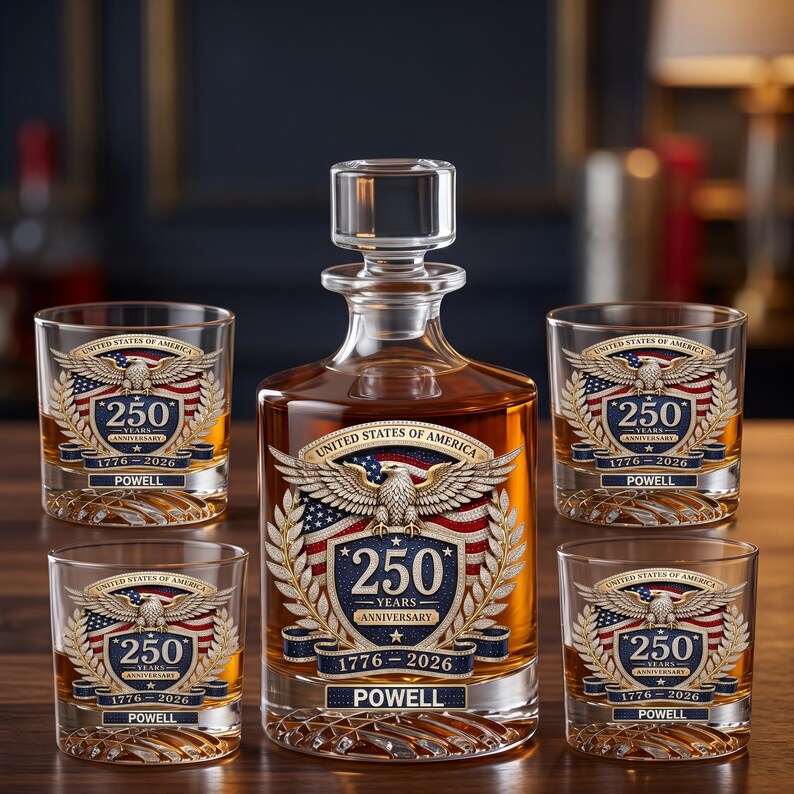 May include: A clear glass decanter and four matching whiskey glasses filled with amber liquid. Each piece features a graphic of a bald eagle, the American flag, and the text United States of America 250 Years Anniversary 1776-2026 Powell.