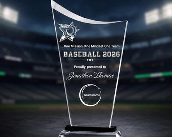 Personalized Baseball Glass Award, Custom Laser Engraved Crystal Trophy, Team Recognition Award, Coach Gift, MVP Award, Sports Trophy