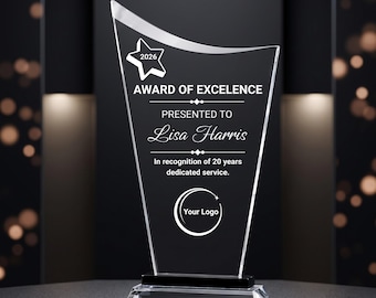 Personalized Glass Award, Custom Laser Engraved Crystal Trophy, Employee Recognition Award, Corporate Award with Logo, Years of Service