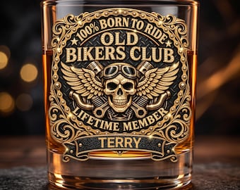 3D Rhinestone Effect Old Bikers Club Whiskey Glass, Personalized Old Fashion Glass, UV Printed Whiskey Tumbler, Custom Bourbon Glass Gift