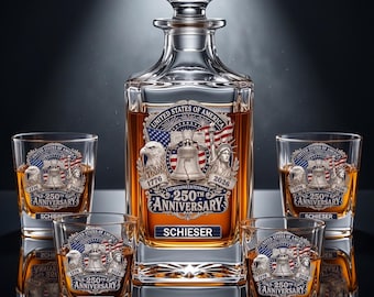 Juego de decantador de whisky personalizado con 4 vasos, regalo del 250 aniversario de EE. UU. con efecto de diamantes de imitación 3D, juego de bourbon Liberty Bell personalizado 1776 2026