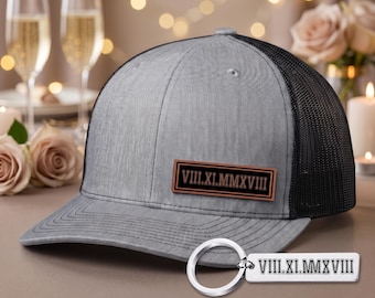 Personalized Roman Numeral Trucker Hat & Matching Keychain, Custom Leather Patch Hat, Anniversary Gift for Him and her, Wedding Date Hat