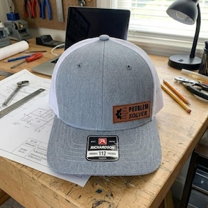 Problem Solver Trucker Hat, Richardson 112 Leather Patch Hat, Funny Work Hat, Tradesman Snapback Cap