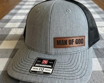 Man of God Trucker Hat, Christian Leather Patch Hat for Men, Faith Based Mesh Cap, Religious Gift for Him, Custom Name Gift