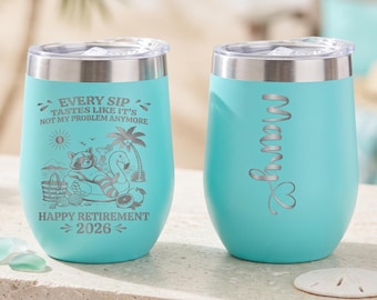 Personalized Retirement Wine Tumbler, Funny Laser Engraved 12 oz Insulated Tumbler, Custom Name & Year Retirement Gift