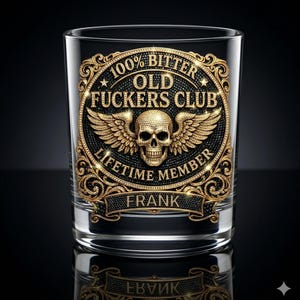 Personalized Old Fckers Club Whiskey Glass, Skull Wings Old Fashioned Glass, Funny Gift, Custom Name, Birthday Gift for Him