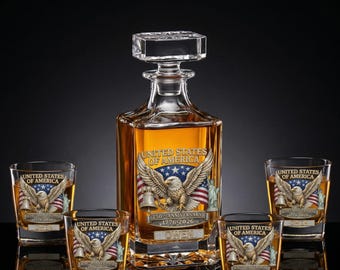 Personalized USA 250th Anniversary Whiskey Decanter Set, Patriotic Eagle Glasses, Gift for Him, Custom Name Gift, Personalized Gift