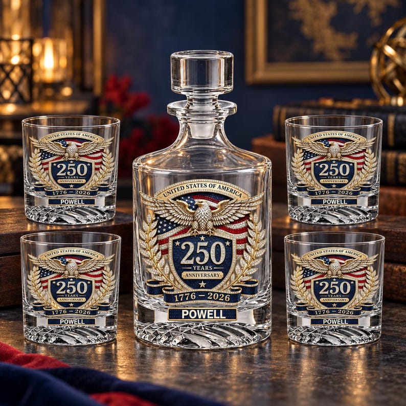May include: A clear glass decanter with a stopper and four matching glasses, each featuring a gold and blue emblem of a bald eagle, the American flag, and the text 250 YEARS ANNIVERSARY 1776-2026 UNITED STATES OF AMERICA and the name POWELL.