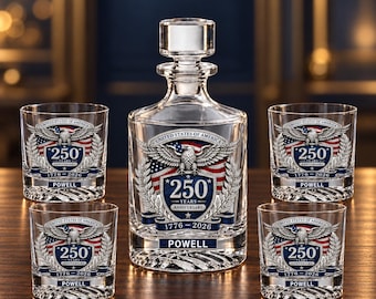 Personalized Patriotic Eagle Decanter Set, Custom Whiskey Decanter & 4 Glasses, 3D Rhinestone Effect UV Print, Bourbon Gift for Him