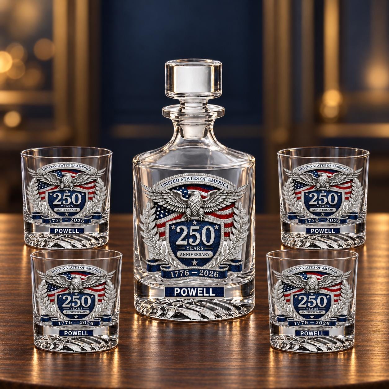 Personalized Patriotic Eagle Decanter Set, Custom Whiskey Decanter & 4 Glasses, 3D Rhinestone Effect UV Print, Bourbon Gift for Him