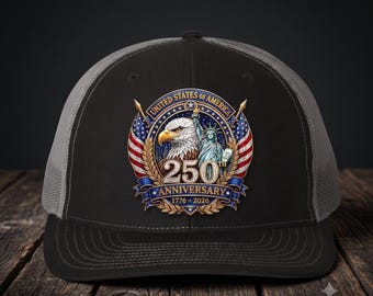 Gorra de camionero del 250 aniversario - Gorra patriótica con águila americana - Regalo para hombre USA 1776 2026 - Gorra snapback de malla