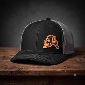 Personalized Alaska Leather Patch Trucker Hat, Custom Name 6 Panel Snapback Cap, Alaska State Engraved Hat