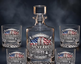 Personalized Never Forget Tribute Decanter Set, Custom Whiskey Decanter & 4 Glasses, UV Printed Patriotic Bourbon Gift, Remembrance Barware